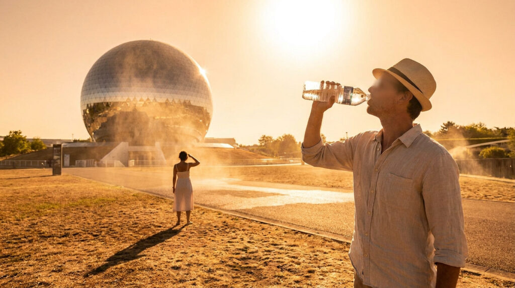 Un homme en chapeau boit de l'eau devant la sphère du Futuroscope sous un soleil de plomb et une brume rafraîchissante.