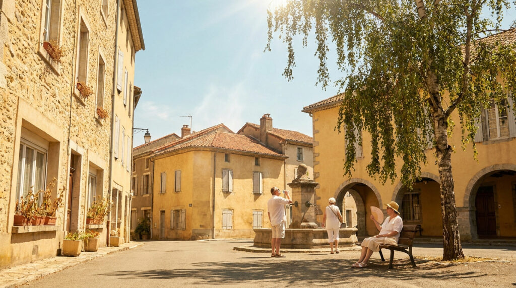 Météo à Bagnères-de-Bigorre : alerte canicule et prévisions Personnes cherchant la fraîcheur sur une place ensoleillée de Bagnères-de-Bigorre durant une période de canicule.