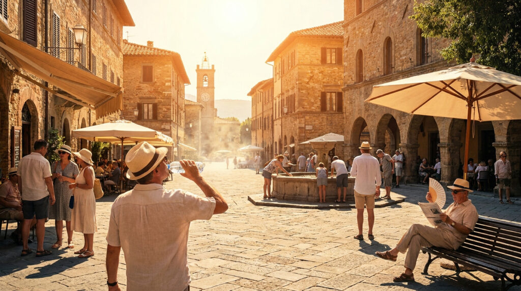 Alerte météo à Saint-Jean-d’Angély : gare à la canicule Place d'un village historique sous une forte chaleur avec des passants s'abritant sous des parasols.
