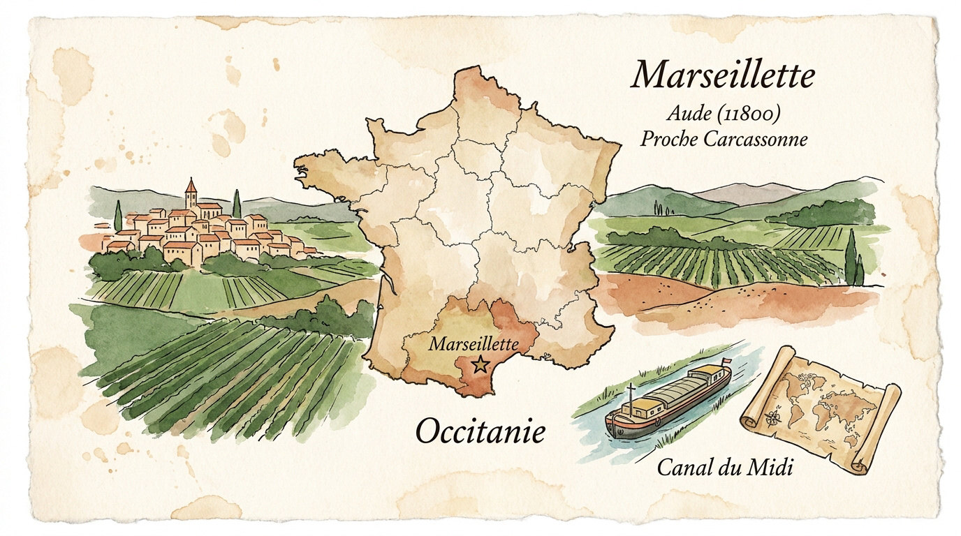 Carte géographique de Marseillette et des communes limitrophes dans l'Aude