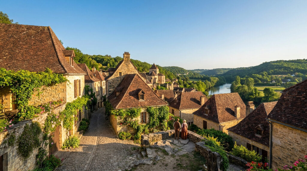 Vue panoramique d'un village médiéval en pierre au bord d'une rivière, sous un ciel bleu ensoleillé.