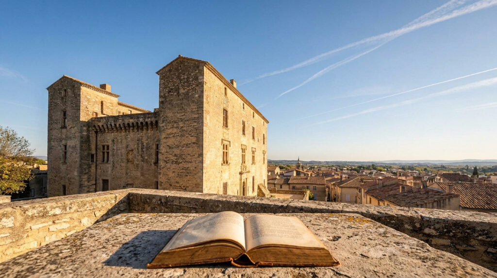 Salon-de-Provence : ton escapade entre histoire et soleil Un livre ouvert posé sur un muret en pierre face au Château de l'Empéri sous un ciel bleu ensoleillé.