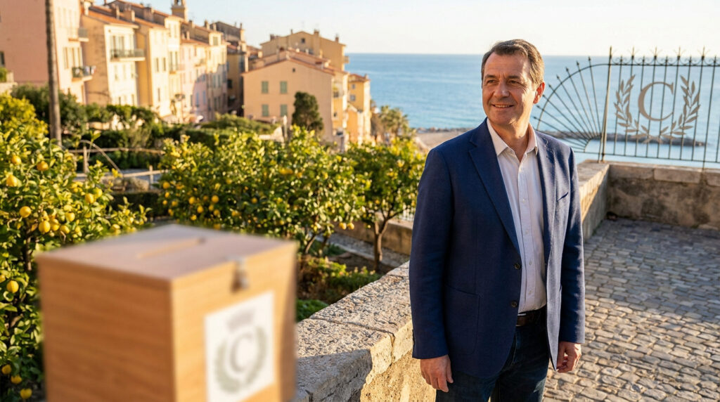 Tout savoir sur les maires de Menton et l’élection de 2026 Portrait du maire de Menton, Yves Juhel, sur une terrasse avec une urne électorale au premier plan et la ville en fond.