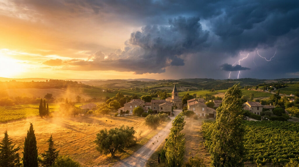 Météo Thiviers : alerte canicule et orages aujourd’hui Un village français pittoresque sous un ciel contrasté mêlant soleil couchant et un orage menaçant avec des éclairs.