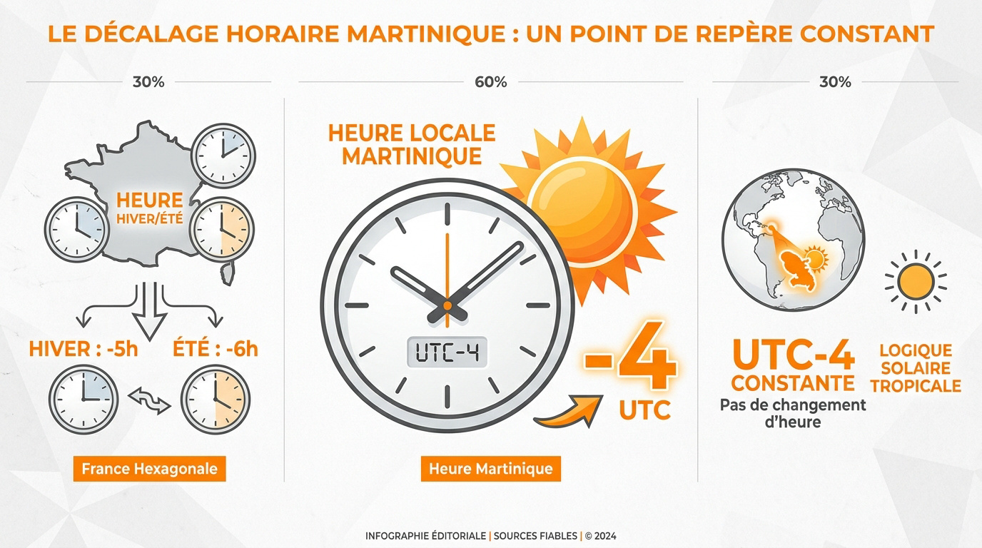 Horloge indiquant le décalage horaire constant en Martinique