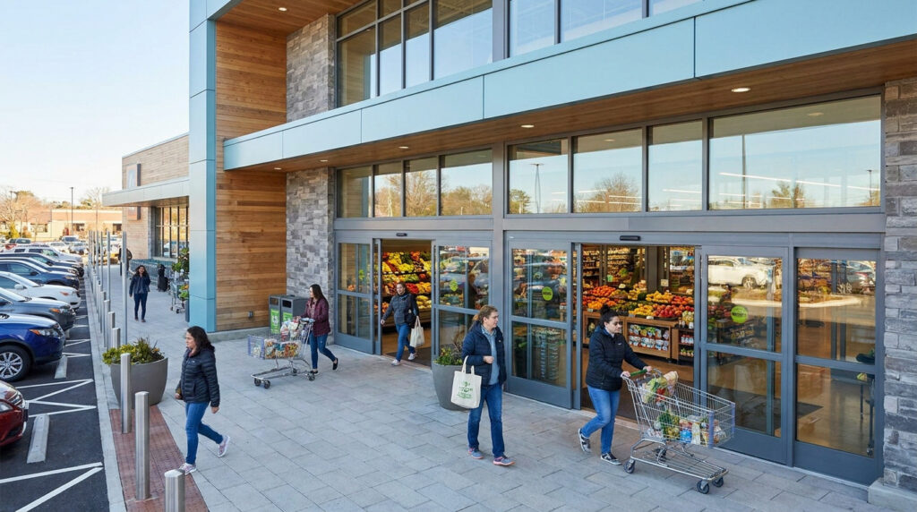 Lidl Libourne : adresse, horaires et bons plans shopping Clients sortant du magasin Lidl avec des chariots devant une façade moderne en pierre et bois sous un ciel ensoleillé.