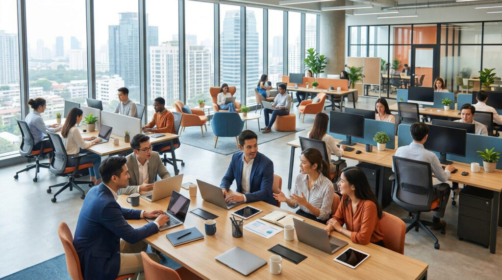 Espace de coworking moderne et lumineux avec des professionnels travaillant sur leurs ordinateurs et discutant en équipe.