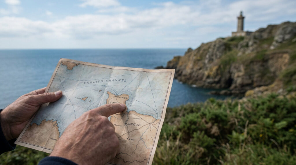 Manche carte : le guide pour explorer terre et mer Gros plan sur une main pointant Cherbourg sur une carte vintage avec en arrière-plan une côte rocheuse et un phare.