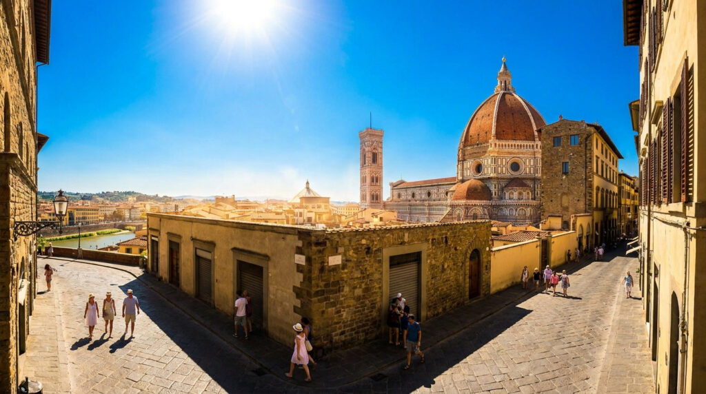 Météo à Florence en Italie : canicule et soleil en Toscane Vue panoramique de Florence avec le Duomo sous un ciel bleu intense et un soleil éclatant.