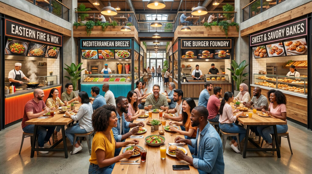 Pourquoi le melting pot food court sera ton nouveau QG Vue d'un food court animé avec des comptoirs variés, des clients attablés et une ambiance conviviale.