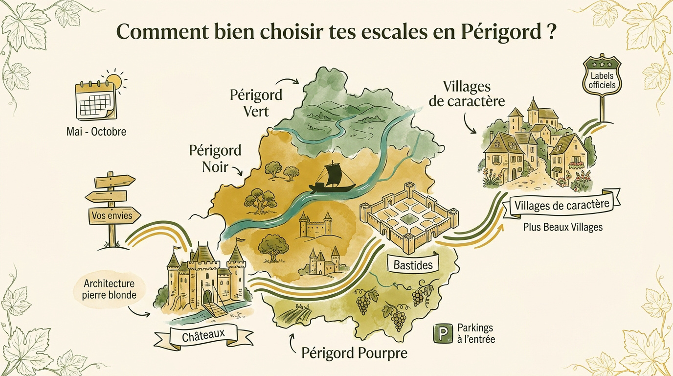 Infographie des plus beaux villages et escales à découvrir en Périgord