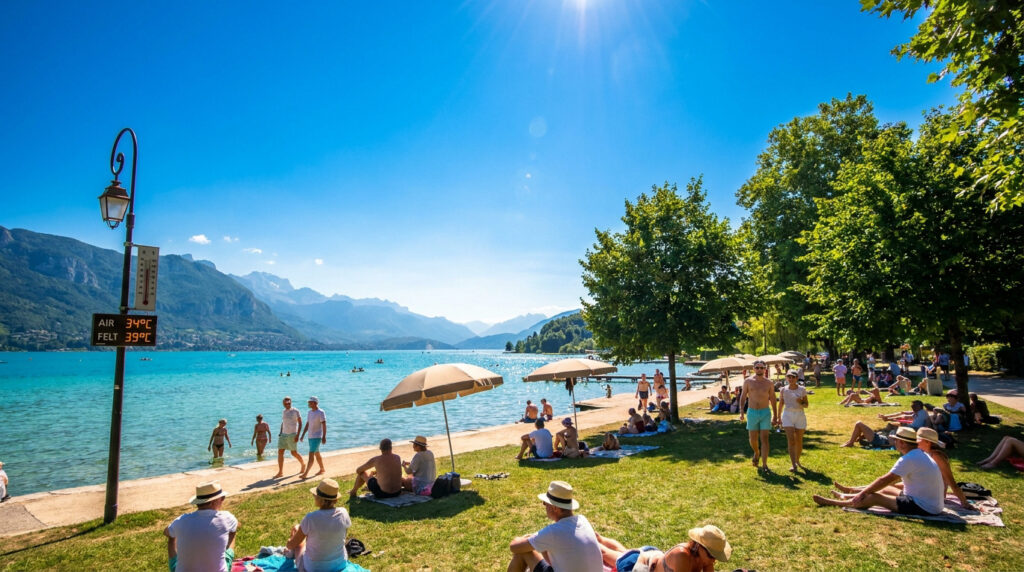 Gens se relaxant sur la pelouse et se baignant au lac d'Annecy sous un soleil brûlant avec un thermomètre affichant 34°C.