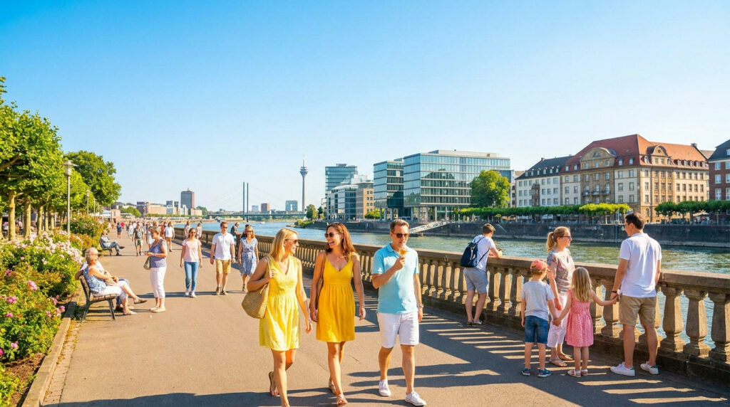 Météo à Düsseldorf : prévisions, chaleur et infos du jour Des personnes se promènent le long du Rhin à Düsseldorf par une journée ensoleillée, avec la tour Rheinturm en arrière-plan.