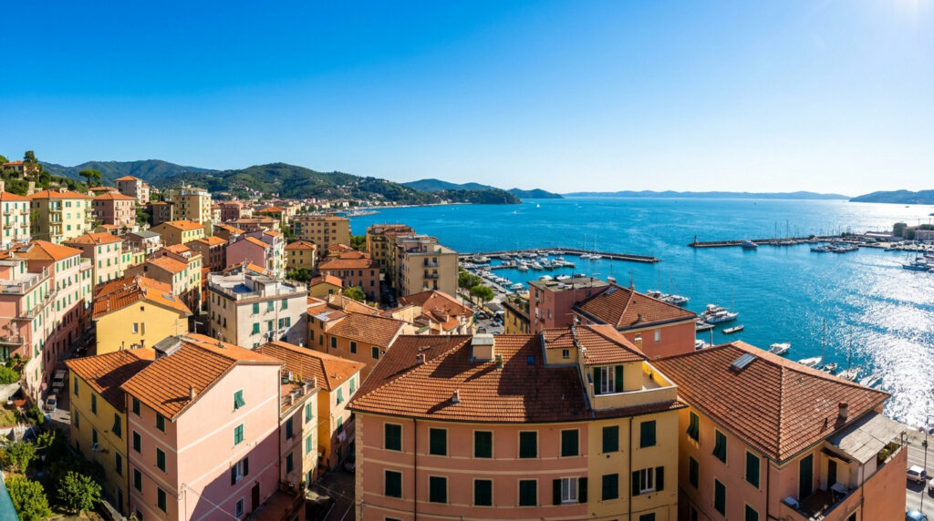 Vue plongeante sur les bâtiments colorés et le port ensoleillé de La Spezia, en Italie, sous un ciel bleu dégagé.