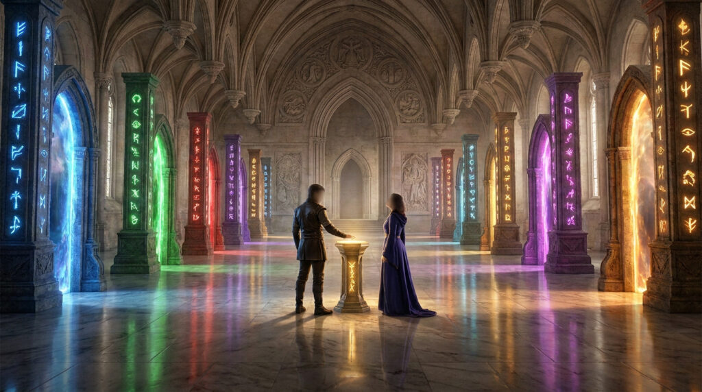 Deux personnages se tiennent devant un piédestal lumineux dans une salle gothique entourée de portails magiques colorés.