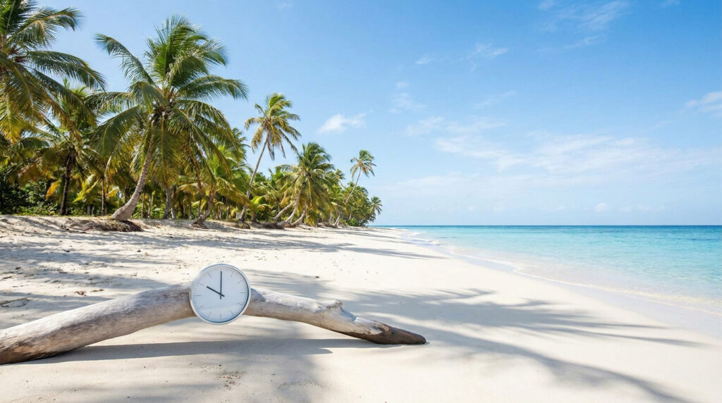 Tout savoir sur l’heure en Martinique et son décalage Une horloge posée sur un tronc d'arbre flotté sur une plage de sable blanc bordée de palmiers sous un ciel bleu.