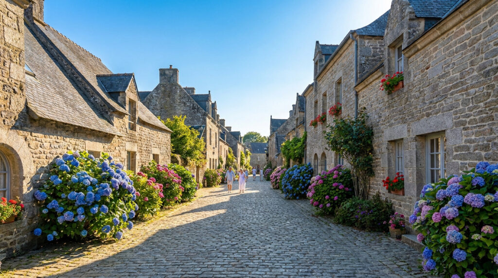 Météo à Locronan : tes prévisions pour un beau week-end Rue pavée pittoresque à Locronan bordée de maisons en pierre et d'hortensias en fleurs sous un ciel bleu.