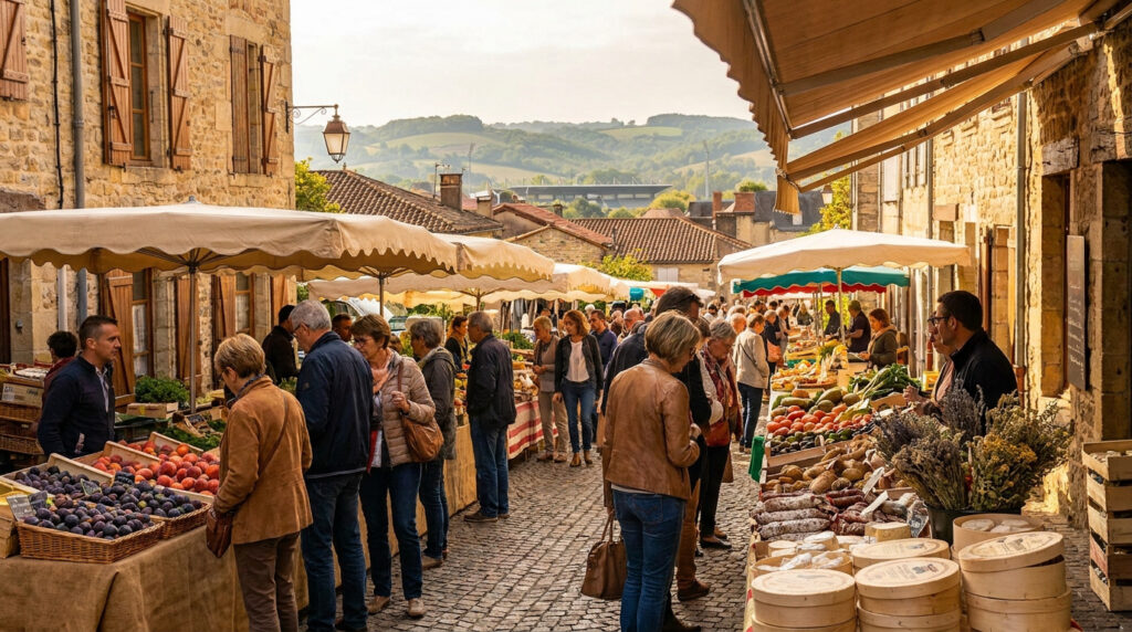 Brive-la-Gaillarde : ton escapade entre terroir et histoire Une rue pavée animée avec des étals de marché remplis de fruits, légumes et fromages sous des parasols, près de Brive.