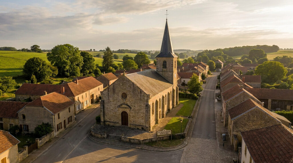 Tout savoir sur Mars-la-Tour : entre histoire et vie locale Vue aérienne du village de Mars-la-Tour avec son église en pierre au centre, entourée de maisons et de collines verdoyantes.