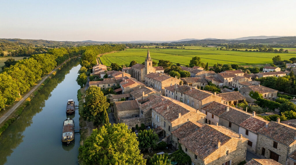 Tout savoir sur Marseillette dans l’Aude en France Village de Marseillette au bord du Canal du Midi avec ses maisons en pierre et ses champs verdoyants à l'aube.