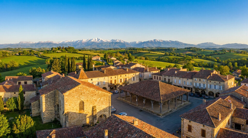 Vue aérienne d'un village français en pierre avec halle traditionnelle devant les sommets enneigés des Pyrénées.