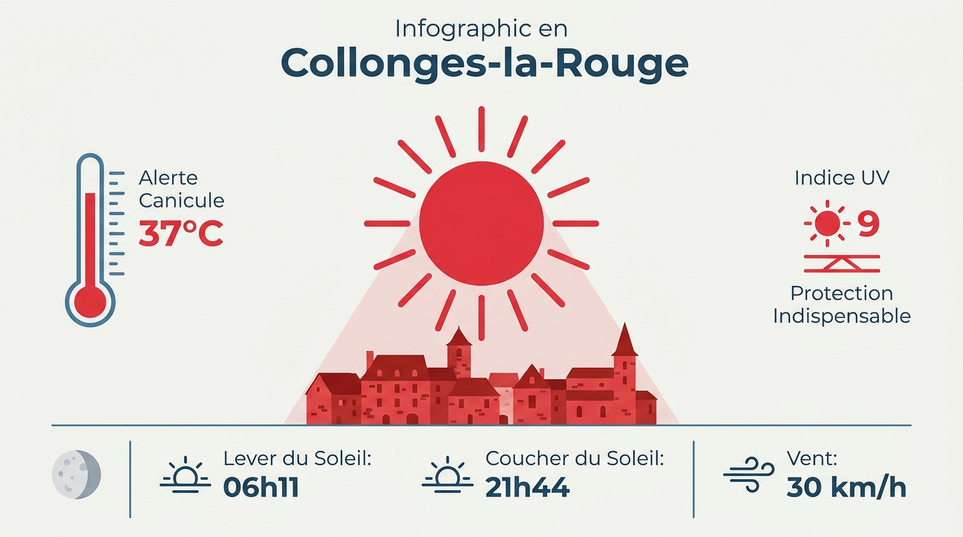 Alerte canicule 37 degrés à Collonges-la-Rouge avec ciel bleu