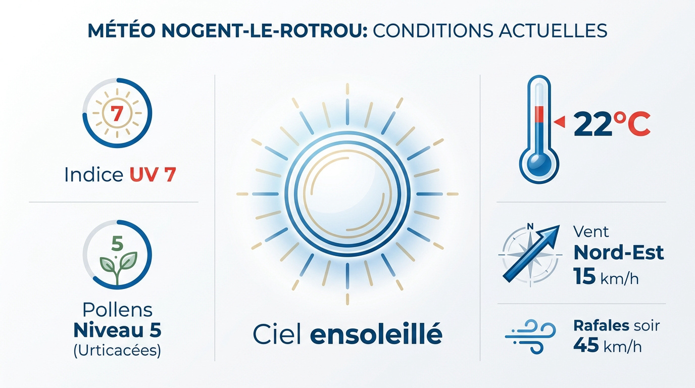 Ciel ensoleillé à Nogent-le-Rotrou avec vent de Nord-Est