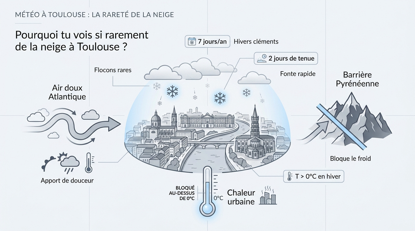 Paysage urbain de Toulouse sous une fine couche de neige rare