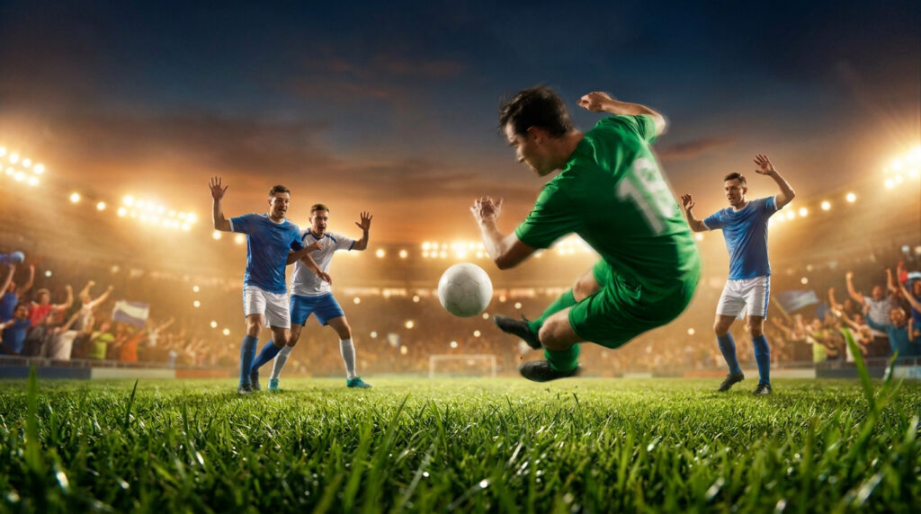 Montpellier Hérault Sport Club ASSE temps forts : le résumé Joueur en maillot vert effectuant une reprise de volée impressionnante face à des défenseurs dans un stade bondé.