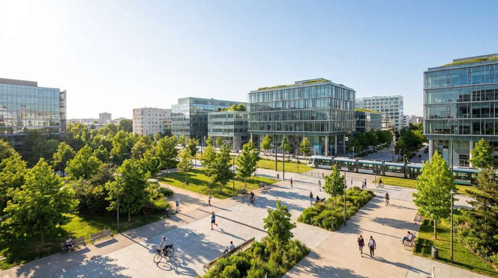 Nanterre département : le guide essentiel du 92000 Vue panoramique d'un parc à Nanterre avec des bureaux modernes, un tramway et des piétons sous un ciel ensoleillé.