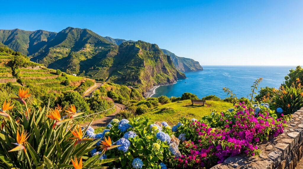 Madère quand partir : le secret pour un voyage réussi Vue panoramique sur les falaises verdoyantes et l'océan à Madère, avec des fleurs au premier plan.