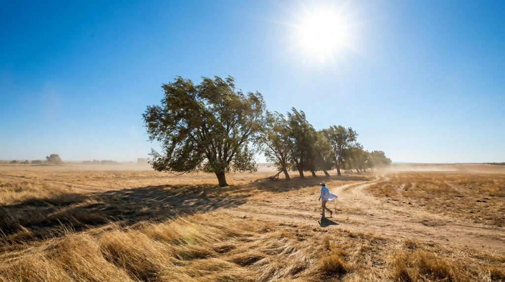 Météo à Ottrott : prévisions, chaleur et vent du jour Une personne marche sur un sentier dans un champ sec sous un soleil éclatant avec des arbres penchés par le vent.