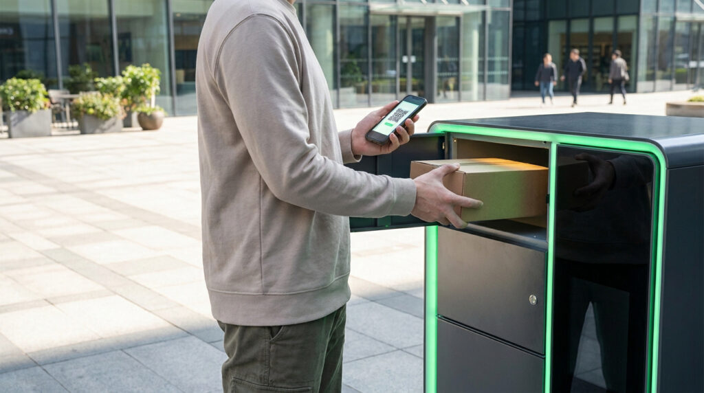 Vinted Go : ton guide pratique pour des envois faciles Un homme dépose un colis dans un casier Vinted Go en utilisant un QR code sur son smartphone.