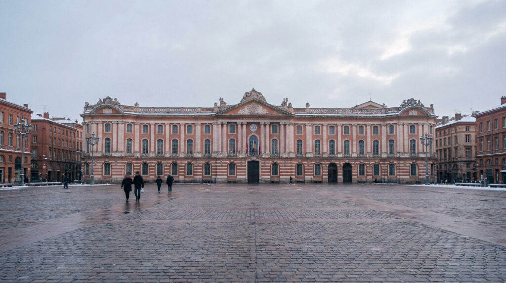 Neige à Toulouse : pourquoi tu n’en vois presque jamais ? Vue de la place du Capitole à Toulouse sous un ciel nuageux avec quelques traces de neige au sol.