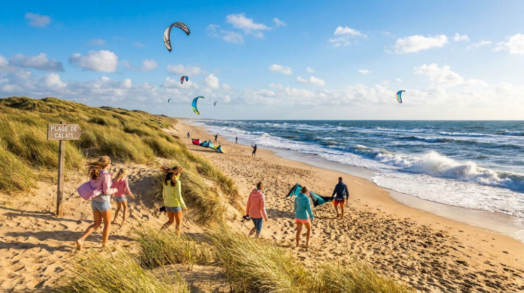 Météo à Calais : soleil et chaleur attendus sur la côte Groupe de personnes marchant sur la plage de Calais sous un ciel bleu avec des kitesurfeurs en arrière-plan.