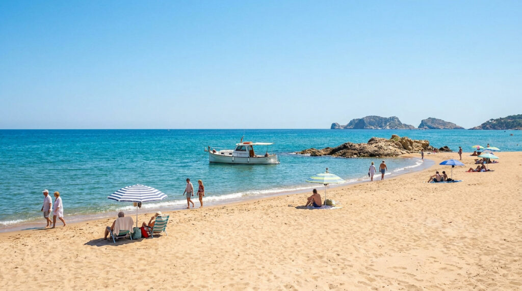 Météo Estartit : plein soleil et vent idéal pour ton séjour Plage de sable avec des vacanciers sous des parasols, un petit bateau sur l'eau bleue et les îles Medes au loin.