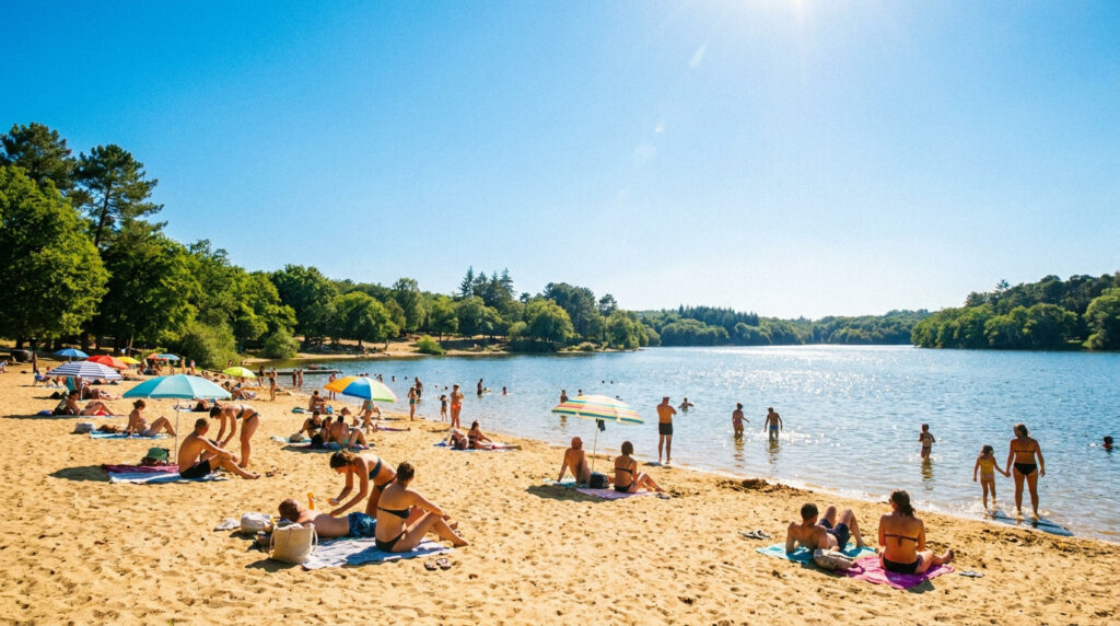 Météo Guerlédan : chaud devant, ça va chauffer sur la plage Vue panoramique d'une plage de sable bondée au bord du lac de Guerlédan sous un ciel bleu éclatant.