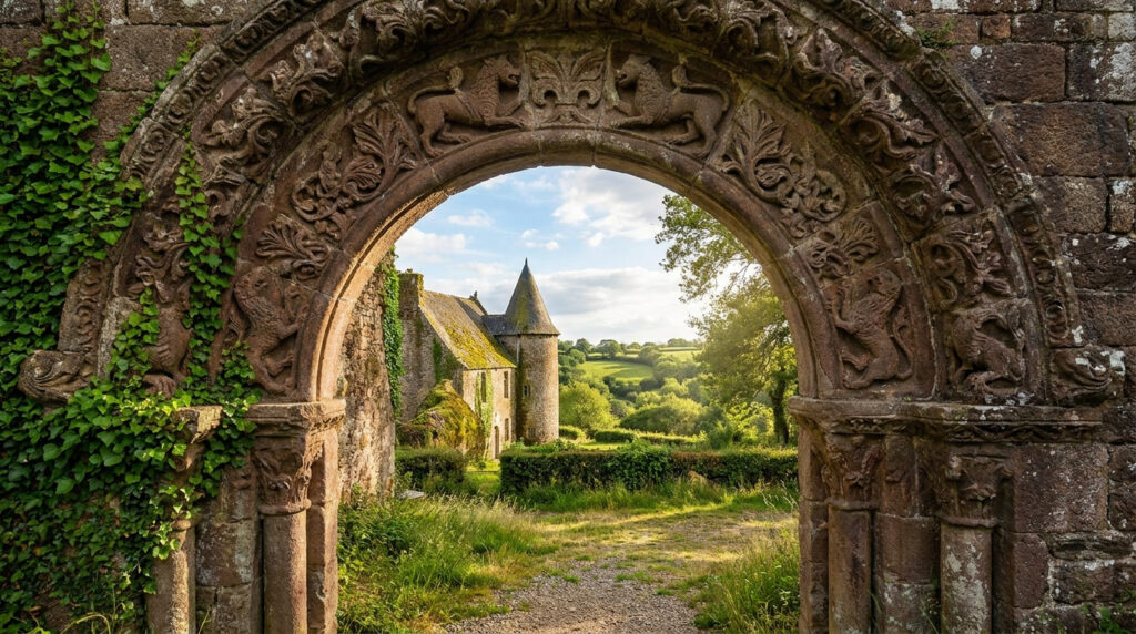 Marcillé-Raoul : ton escapade entre histoire et nature Un portail en pierre sculptée encadrant la vue sur un château médiéval entouré de verdure à Marcillé-Raoul.