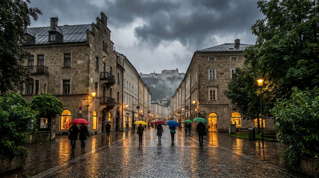 Météo à Salzbourg : prévisions et conseils pour ton séjour Rue pavée de Salzbourg sous une pluie fine, avec des passants munis de parapluies colorés et la forteresse en arrière-plan.