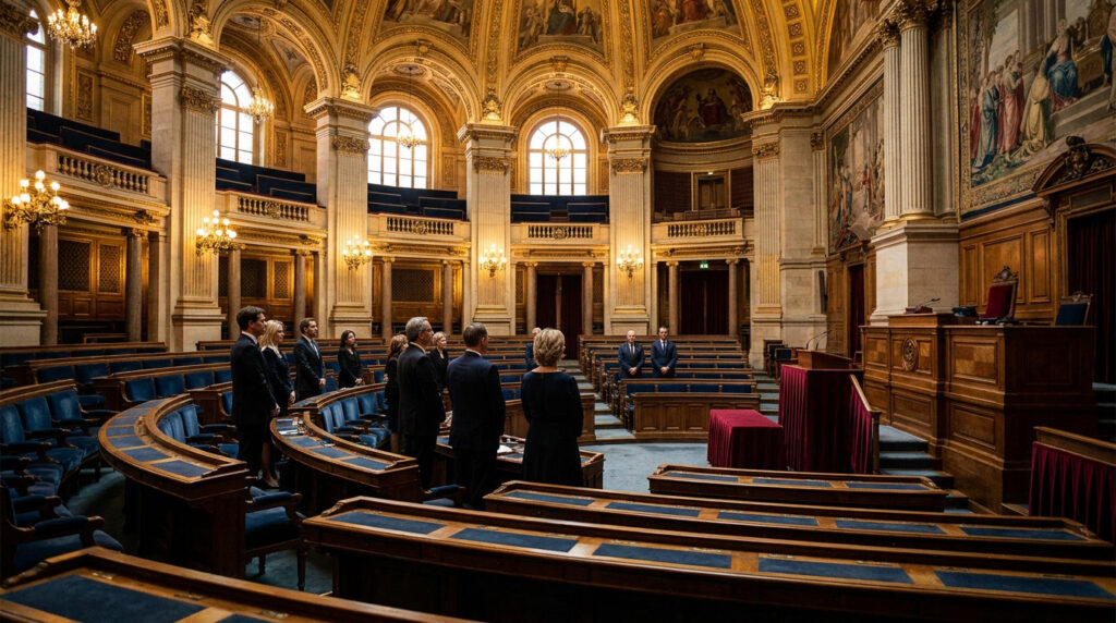 Tout savoir sur le nombre de sénateurs en France Vue intérieure solennelle de l'hémicycle du Sénat au Palais du Luxembourg avec des sénateurs debout.