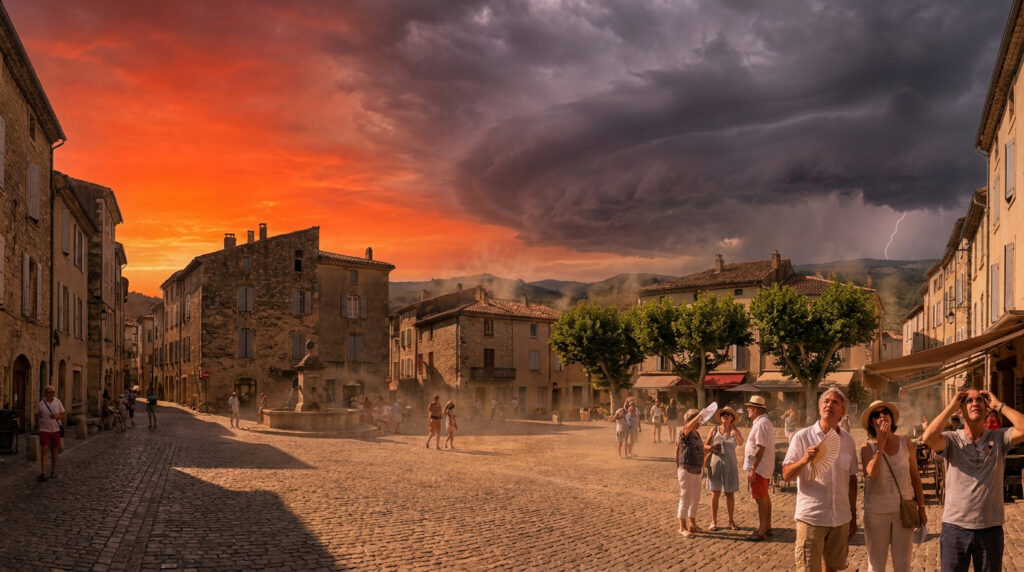 Météo à Saint-Dié : alerte rouge et orages ce 14 juillet Place de village historique à Saint-Dié sous un ciel orageux apocalyptique aux teintes rouge vif et gris sombre.