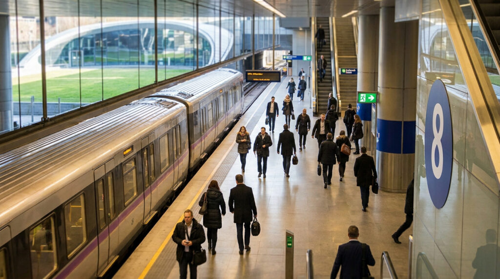 Voyageurs marchant sur le quai de la station de métro Maisons-Alfort Stade avec un train à quai et le logo ligne 8.