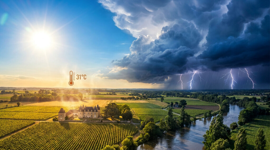 Météo à Chaumont-sur-Loire : ton bulletin orages et chaleur Paysage scindé entre un soleil éclatant à 31°C et un orage violent avec éclairs au-dessus d'un château près de la Loire.