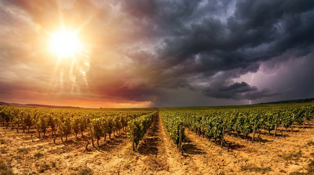 Météo à Chablis : alerte rouge et canicule record ce lundi Un vignoble sous un ciel divisé entre soleil éclatant et orage sombre avec des éclairs au-dessus des vignes.