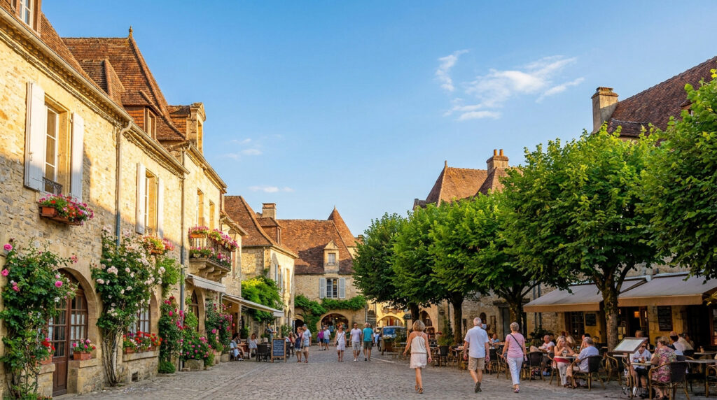 Nogent-le-Rotrou météo : soleil et chaleur pour ton été Ruelle piétonne fleurie et ensoleillée à Nogent-le-Rotrou avec des terrasses de café et des passants.