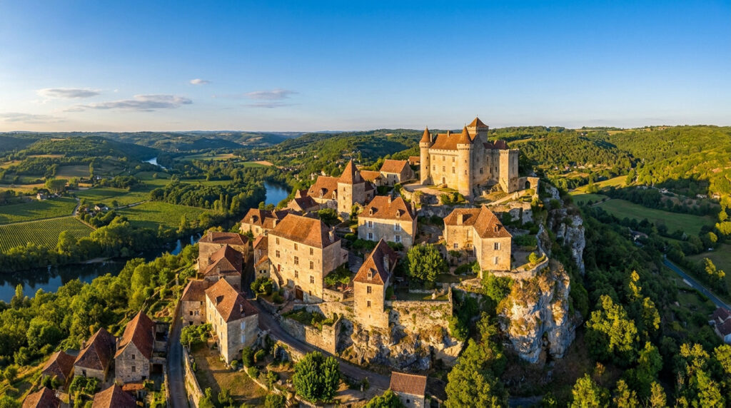 Visiter Loubressac dans le Lot : ton escapade au Quercy Vue aérienne panoramique du Château de Castelnau-Bretenoux surplombant le village et la vallée de la Dordogne.