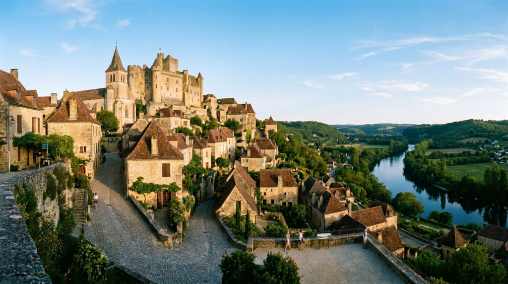 Quel village du Périgord choisir pour un premier séjour ? Vue panoramique du village de Castelnaud-la-Chapelle avec son château surplombant la rivière Dordogne.