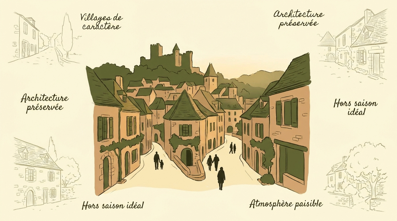 Ruelle médiévale calme en pierre blonde dans un village du Périgord