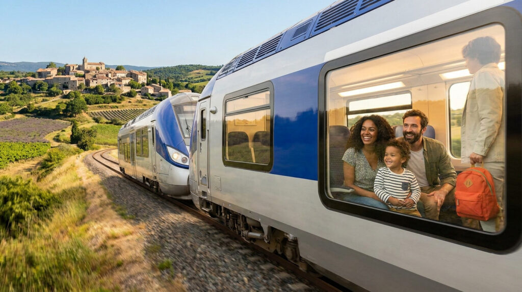 Une famille heureuse dans un train TER liO circulant à travers un paysage ensoleillé en Occitanie.