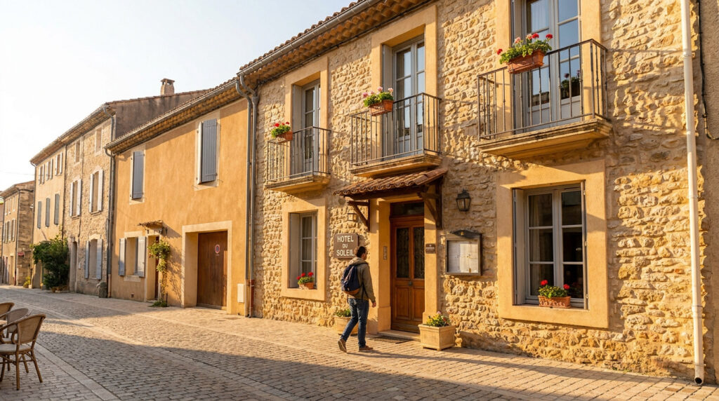 Comment trouver un perpignan hotel pas cher sans se ruiner Un touriste marchant devant la façade en pierre de l'Hôtel du Soleil dans une rue pavée ensoleillée.